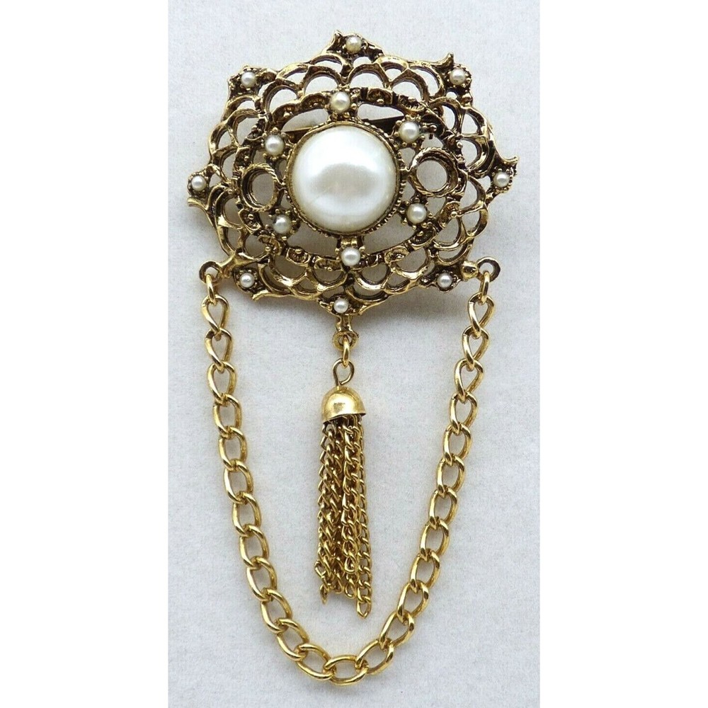 Vintage Faux Pearl Bar Brooch Pin Cabochon Ornate Gold Tone Metal Chain Tassel